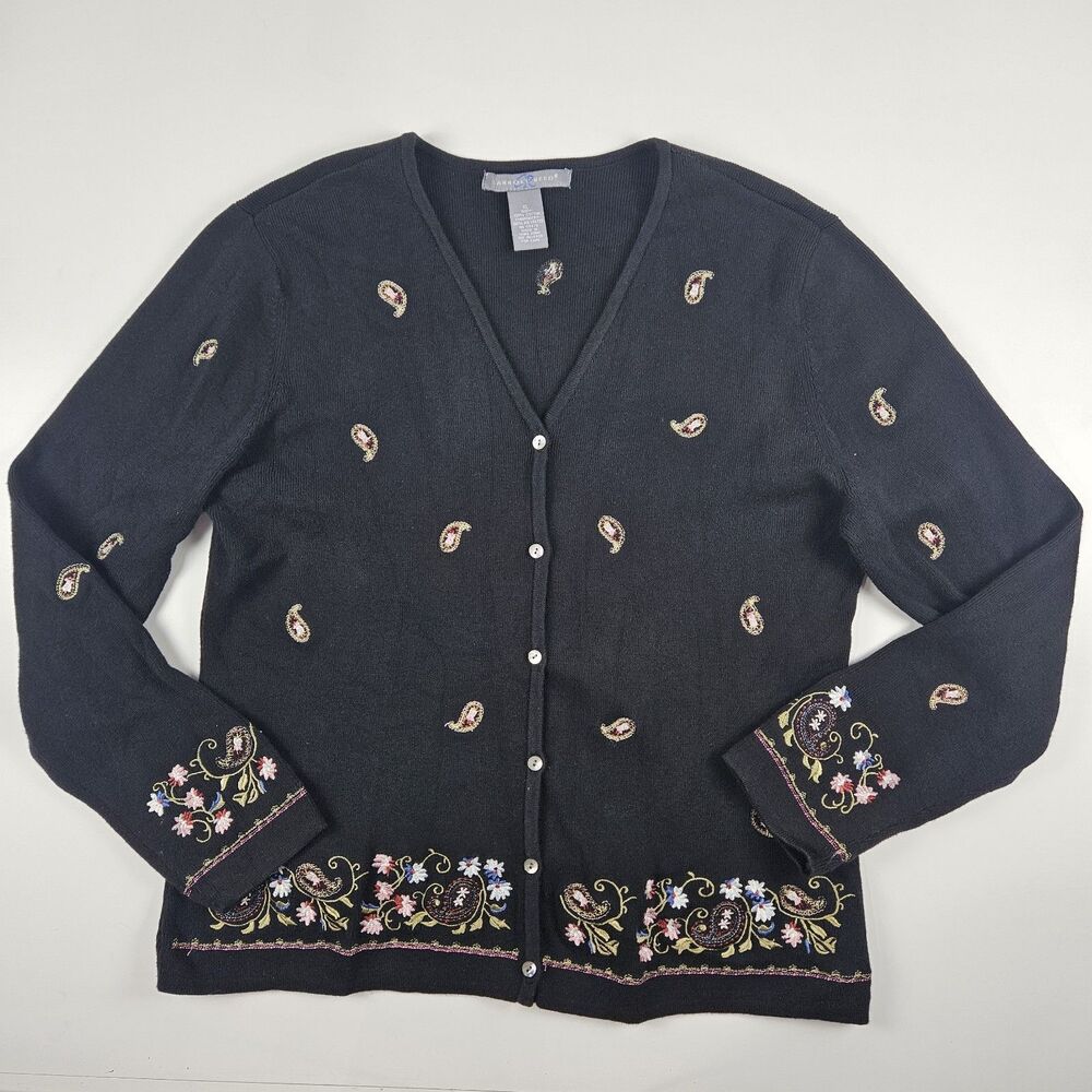 Carroll Reed VTG 80/90s Cotton Cottagecore Cardigan Black Embroidered Paisley XL